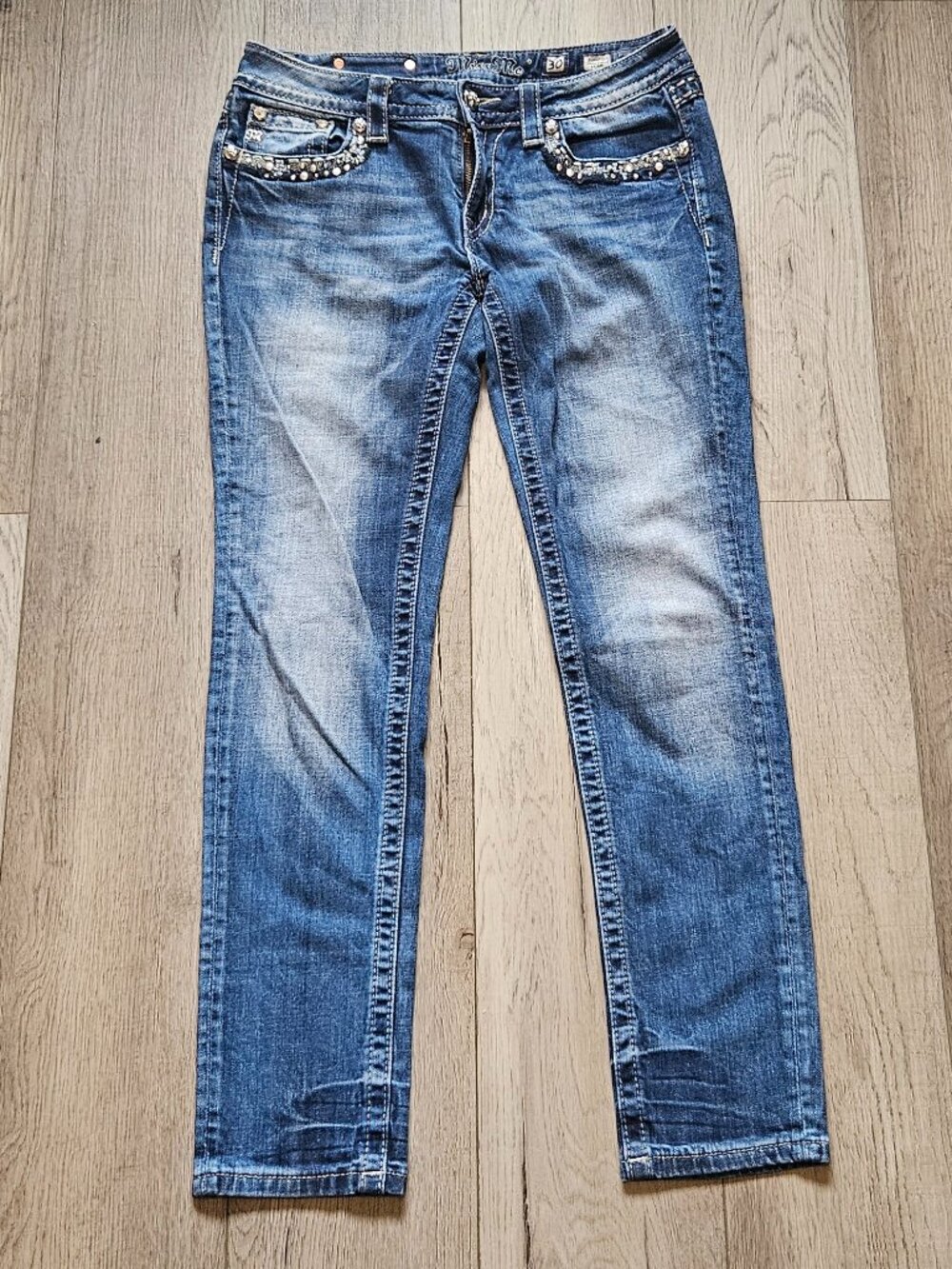 Miss Me Medium Blue Rhinestone Embellished Skinny Jeans - Picture 2 of 13